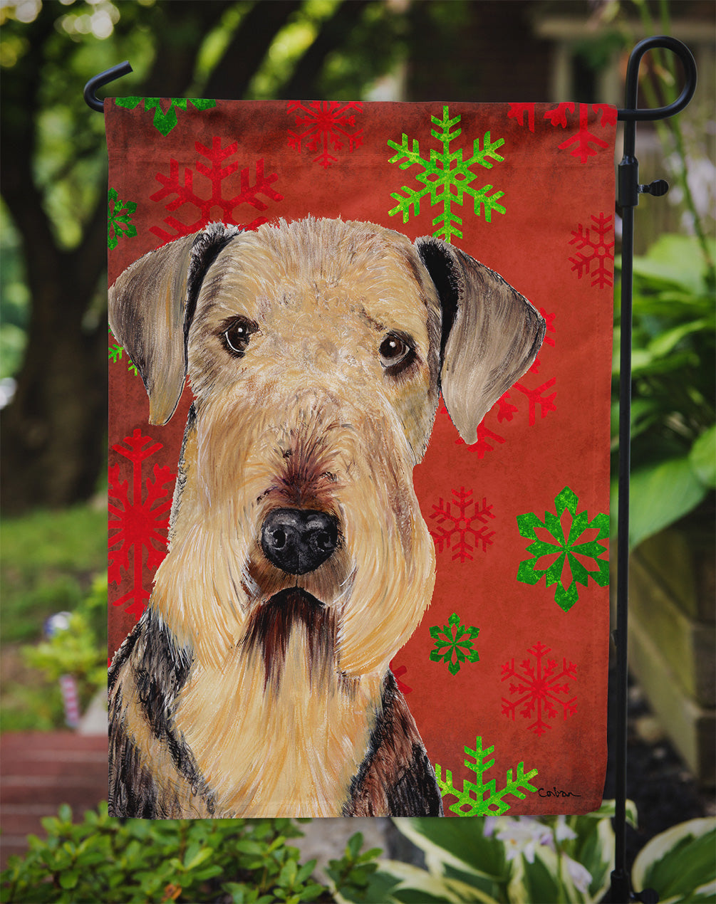 Airedale Red and Green Snowflakes Holiday Christmas Garden Flag – Decorative Outdoor Yard Flag