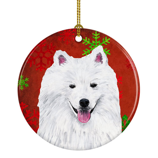 American Eskimo Red Snowflakes Holiday Christmas Ornament - Round Ceramic Ornament – Artist-Designed Keepsake Decoration SC9419