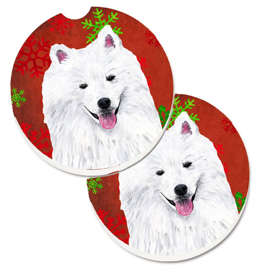 American Eskimo Red and Green Snowflakes Holiday Christmas Car Coasters – Set of 2 - Absorbent Stone with Fun & Functional Artwork SC9419CARC