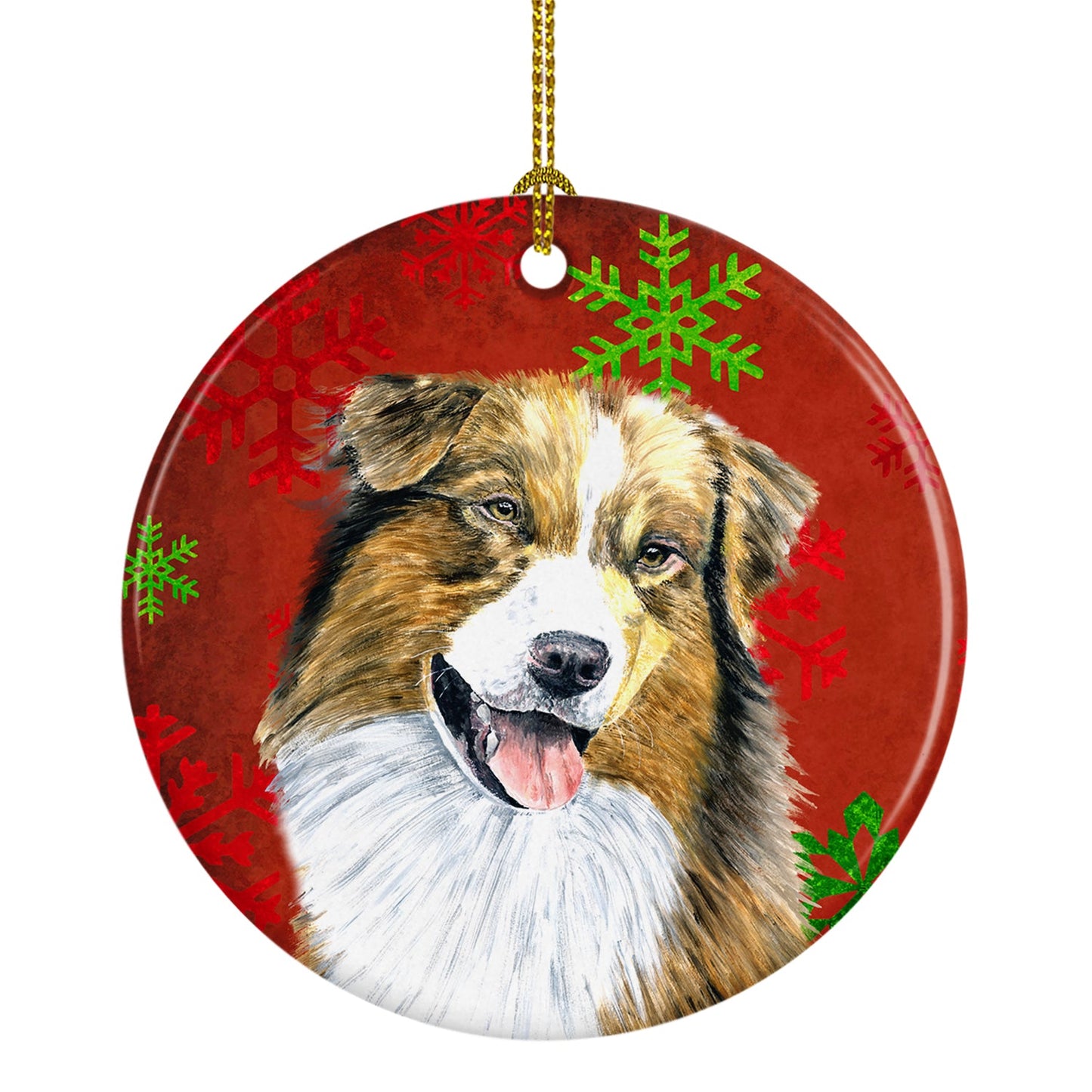 Australian Shepherd Red Snowflakes Holiday Christmas Ornament - Round Ceramic Ornament – Artist-Designed Keepsake Decoration SC9437