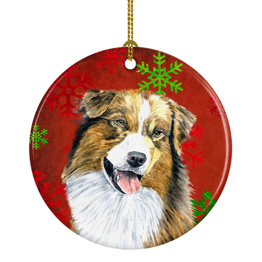 Australian Shepherd Red Snowflakes Holiday Christmas Ornament - Round Ceramic Ornament – Artist-Designed Keepsake Decoration SC9437