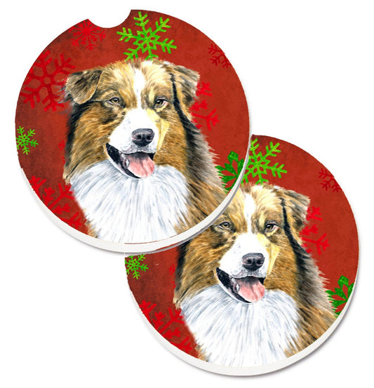 Australian Shepherd Red Green Snowflakes Christmas Car Coasters – Set of 2 - Absorbent Stone with Fun & Functional Artwork SC9437CARC