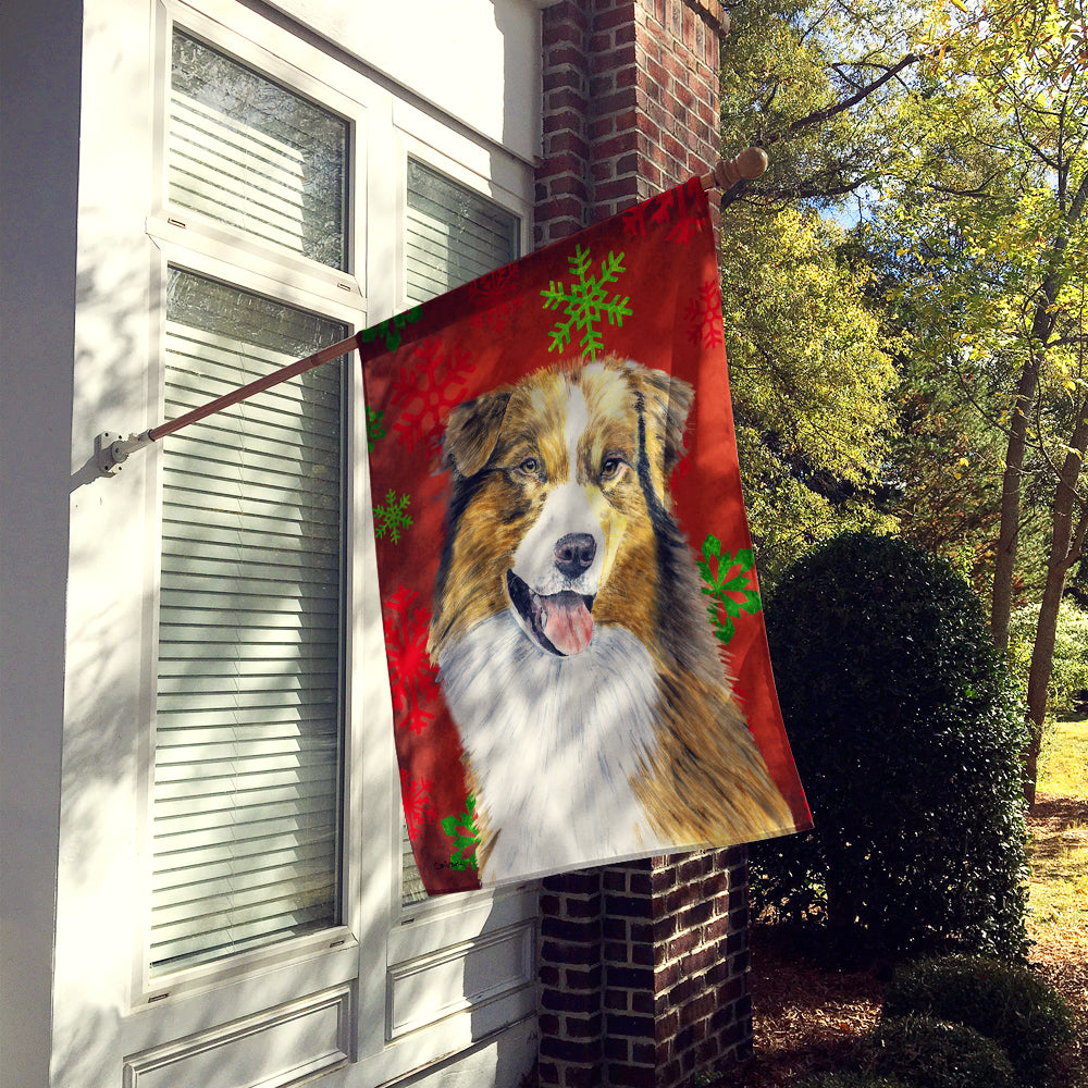 Australian Shepherd Red and Green Snowflakes Holiday Christmas Flag  House Size