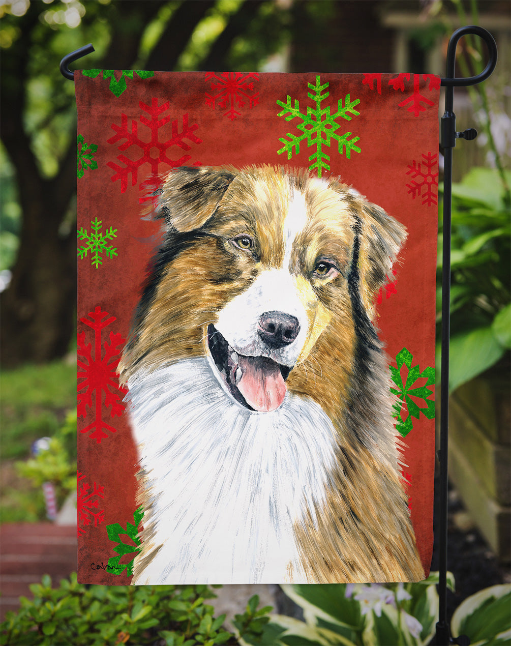 Australian Shepherd Red Green Snowflakes Christmas Garden Flag – Decorative Outdoor Yard Flag