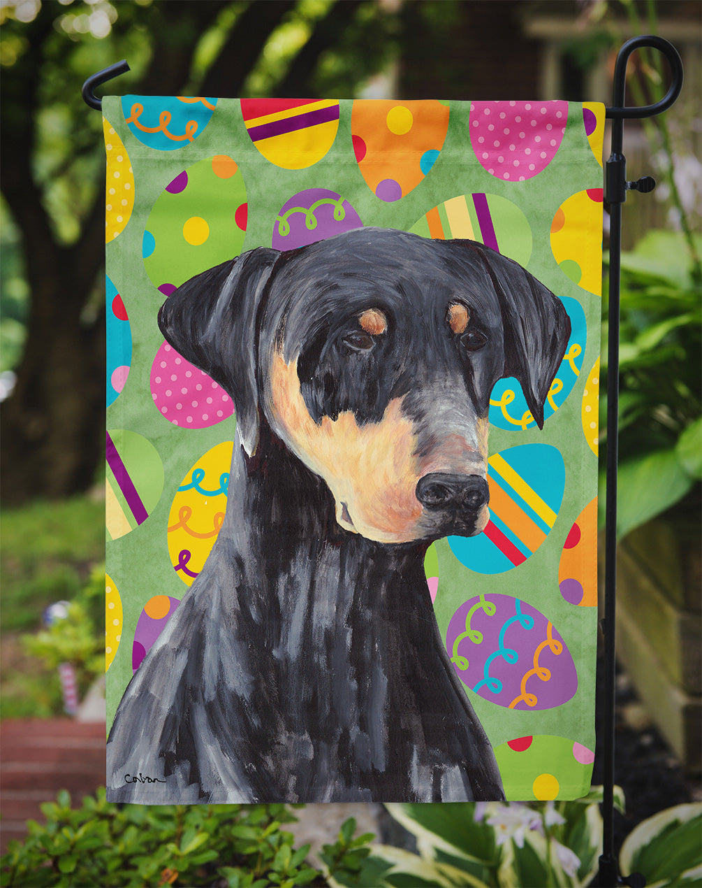 Doberman Easter Eggtravaganza Garden Flag - Outdoor Decorative Yard Flag