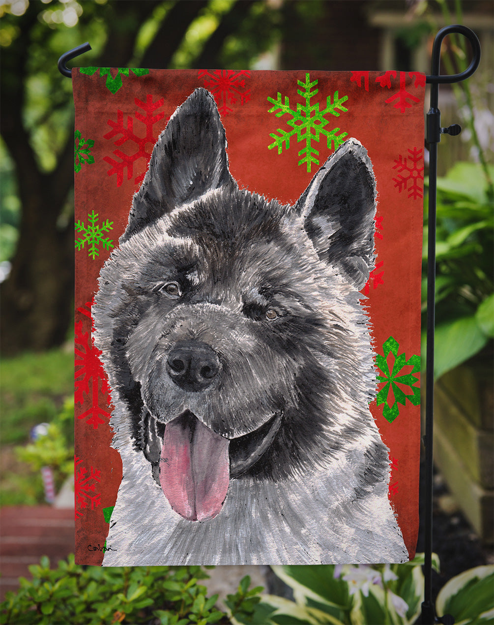 Akita Red Snowflakes Holiday Christmas Garden Flag – Decorative Outdoor Yard Flag SC9482GF