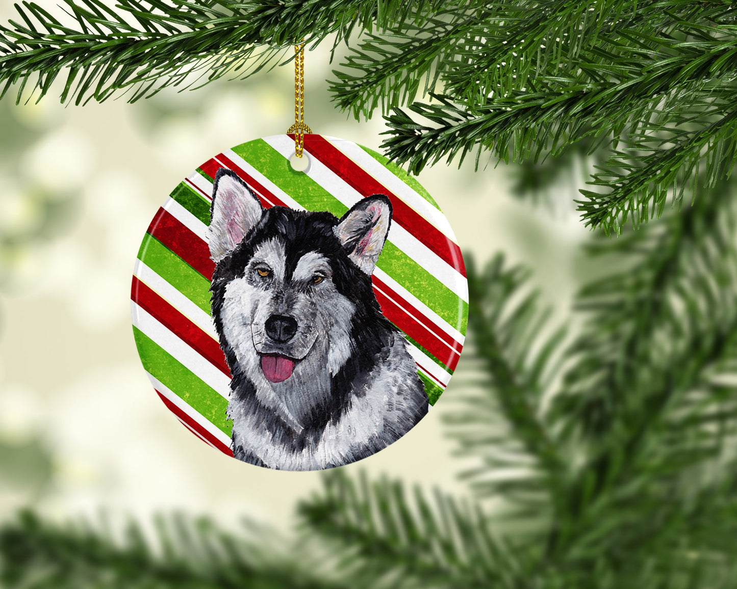 Alaskan Malamute Candy Cane Holiday Christmas Ornament - Round Ceramic Ornament – Artist-Designed Keepsake Decoration SC9490CO1