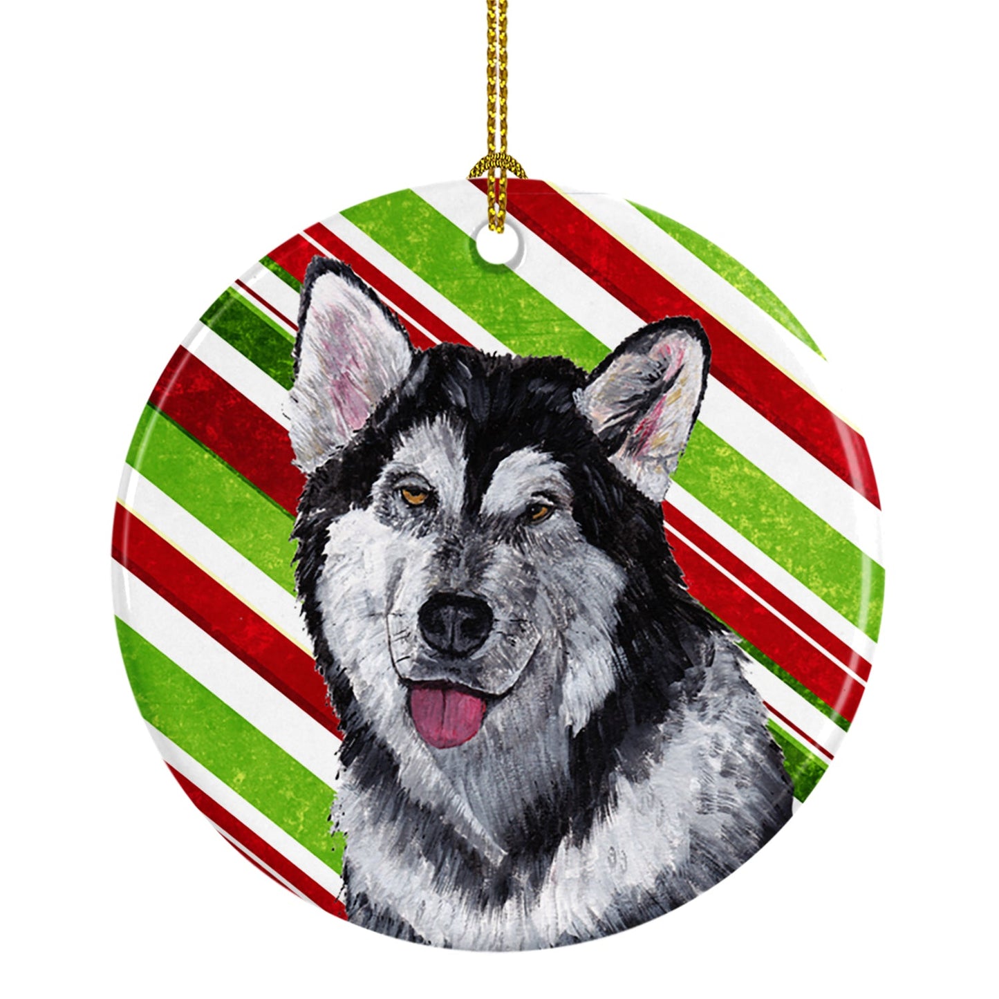 Alaskan Malamute Candy Cane Holiday Christmas Ornament - Round Ceramic Ornament – Artist-Designed Keepsake Decoration SC9490CO1
