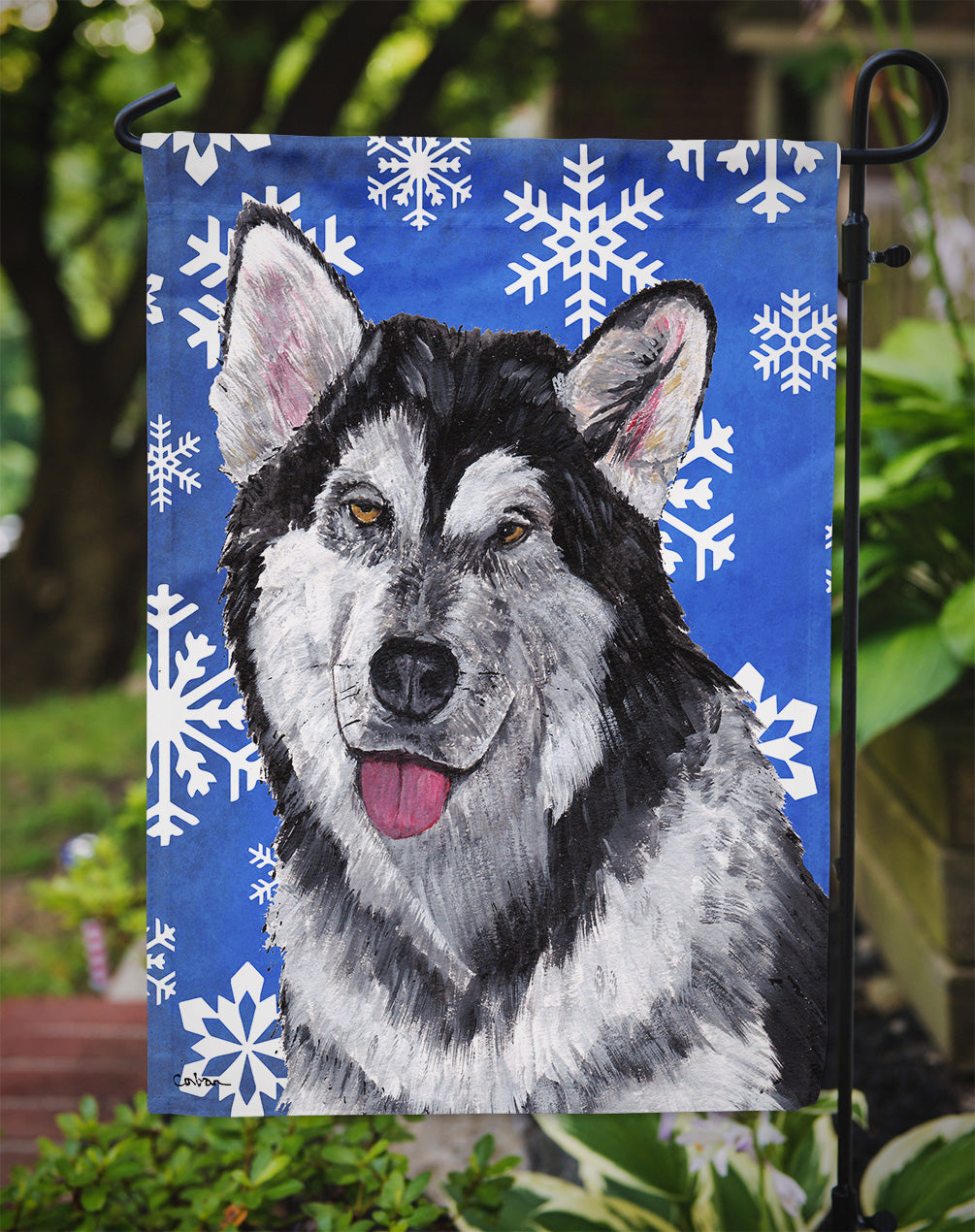 Alaskan Malamute Winter Snowflakes Holiday Garden Flag – Decorative Outdoor Yard Flag SC9491GF