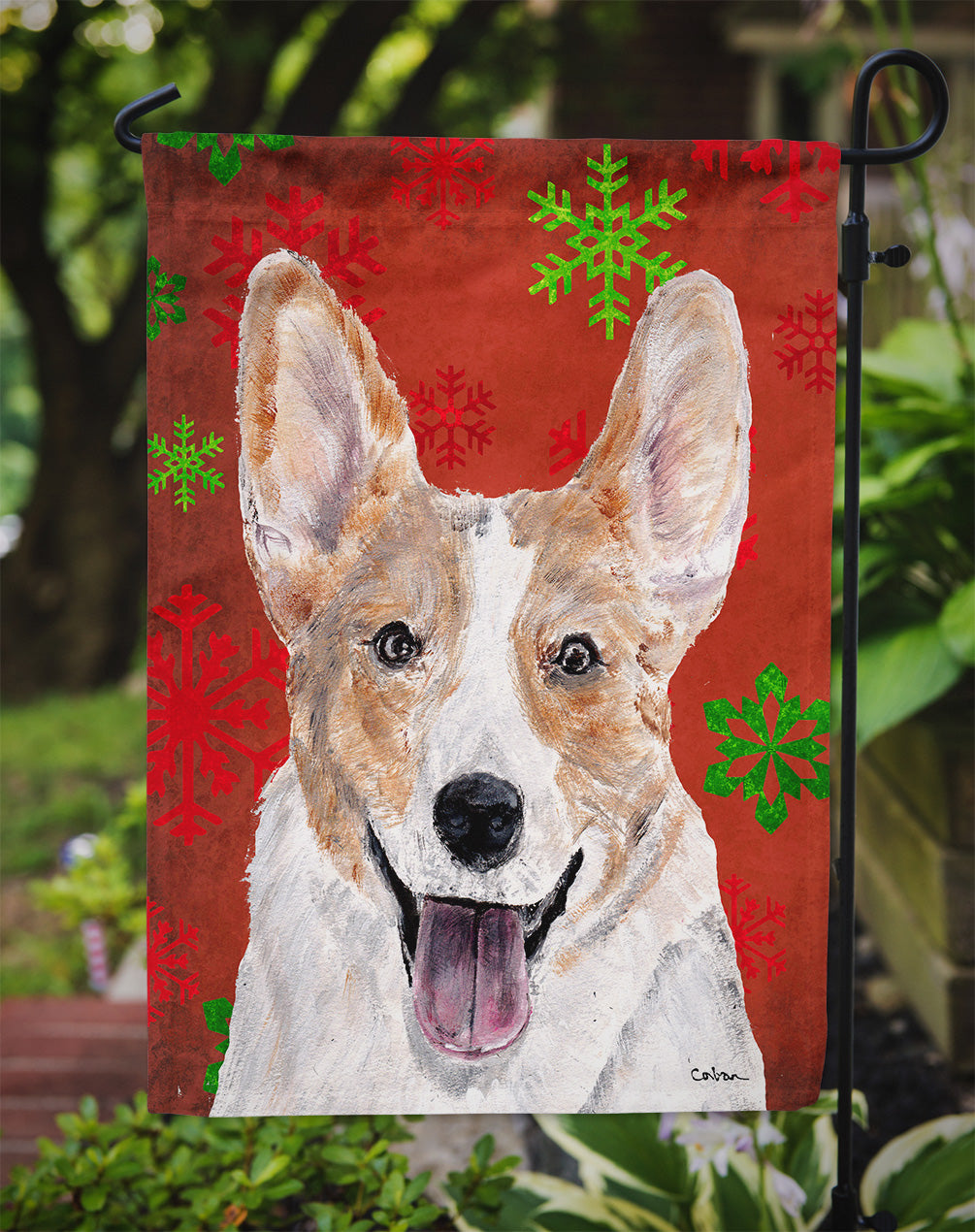 Cardigan Corgi Red Snowflakes Holiday Garden Flag – Decorative Outdoor Yard Flag SC9744GF