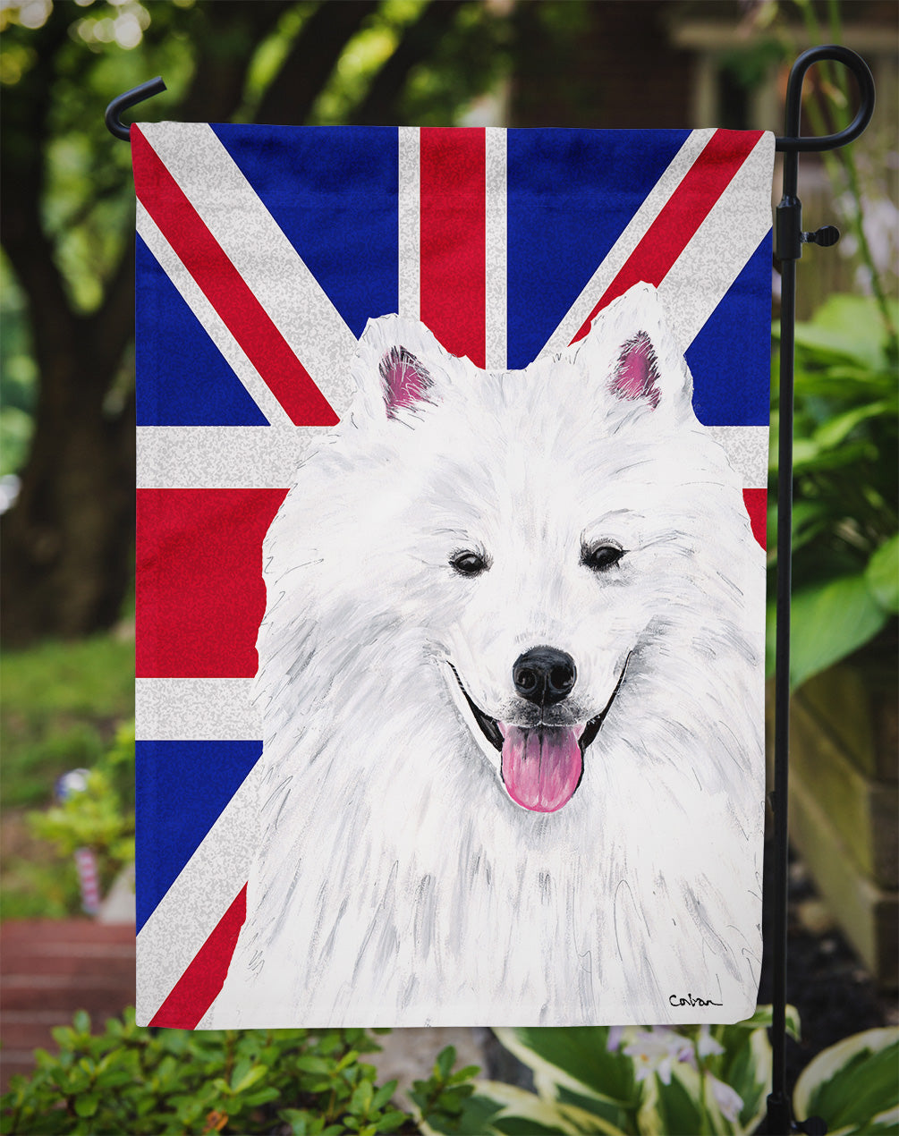 American Eskimo with English Union Jack British Flag Garden Flag - Outdoor Decorative Yard Flag