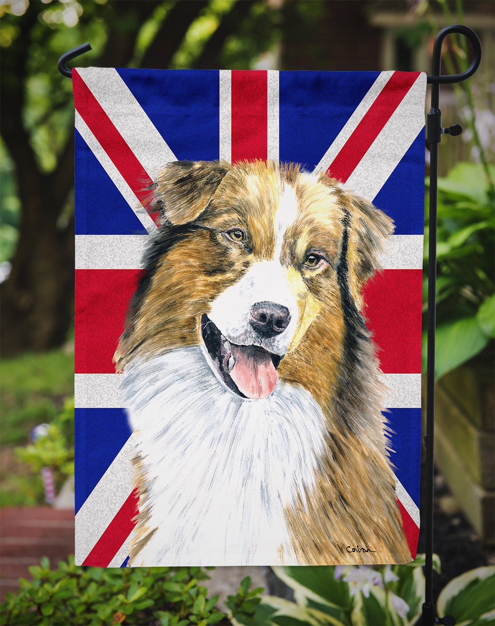 Australian Shepherd with English Union Jack British Flag Garden Flag - Outdoor Decorative Yard Flag
