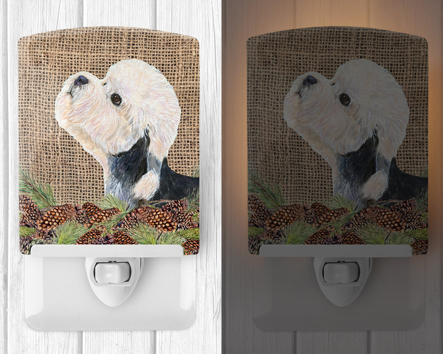 Dandie Dinmont Terrier on Faux Burlap with Pine Cones Ceramic Night Light SS4092CNL