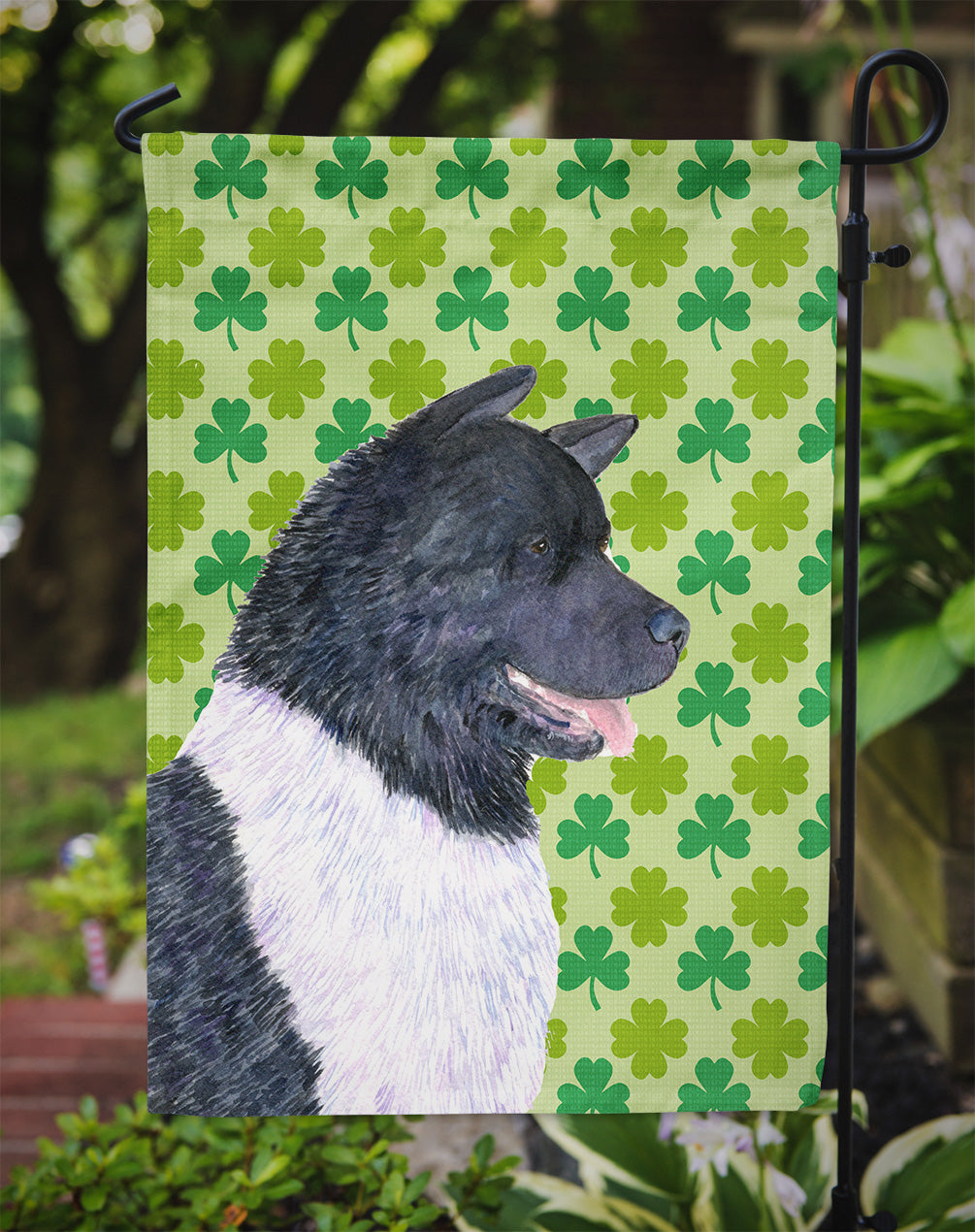 Akita St. Patrick's Day Shamrock Portrait Garden Flag – Decorative Outdoor Yard Flag