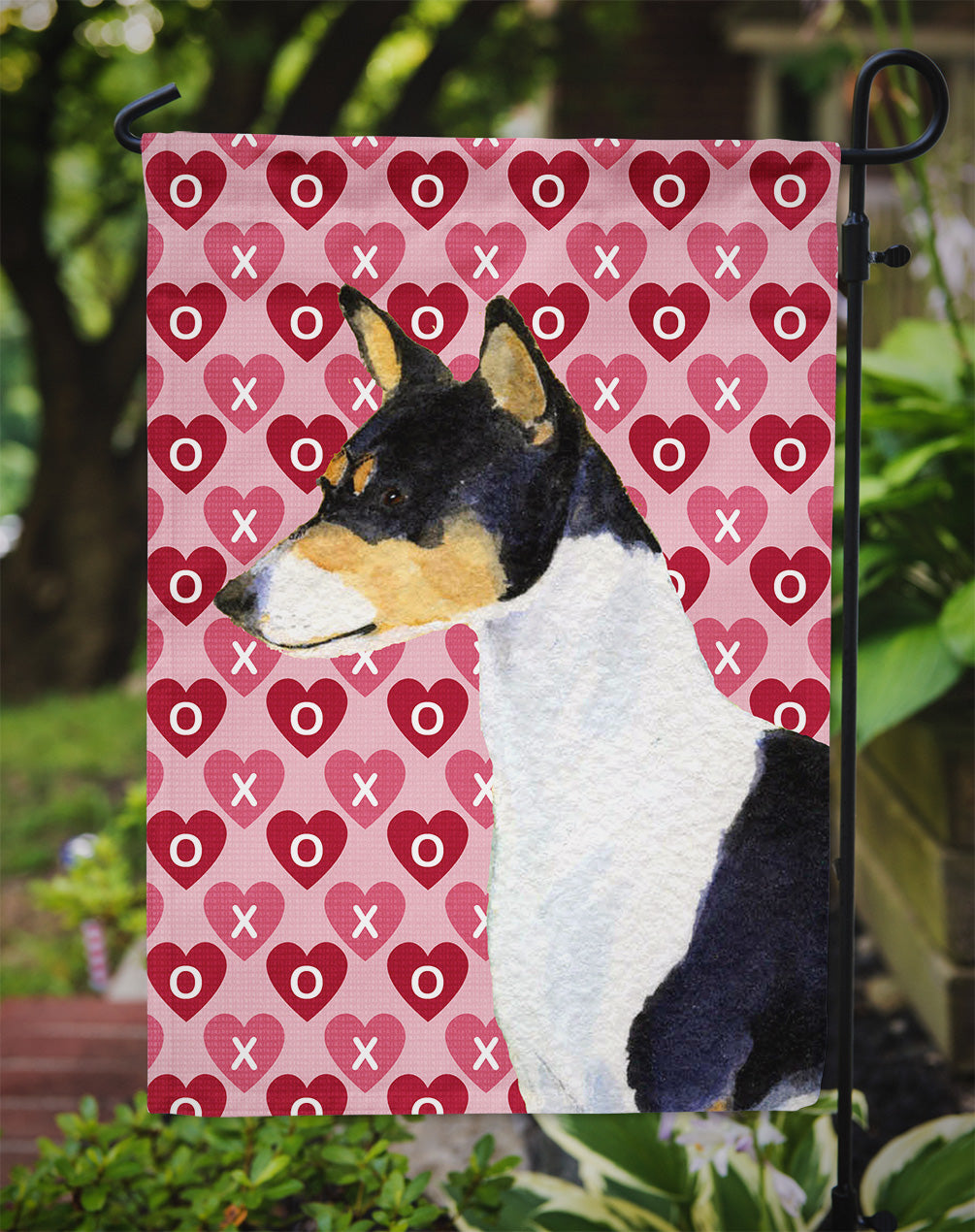 Basenji Hearts Love and Valentine's Day Portrait Garden Flag – Decorative Outdoor Yard Flag