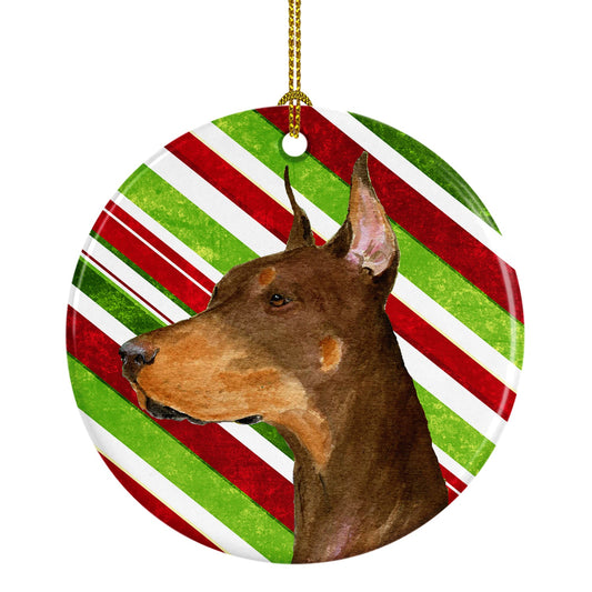 Doberman Candy Cane Holiday Christmas Ornament - Round Ceramic Ornament – Artist-Designed Keepsake Decoration SS4537