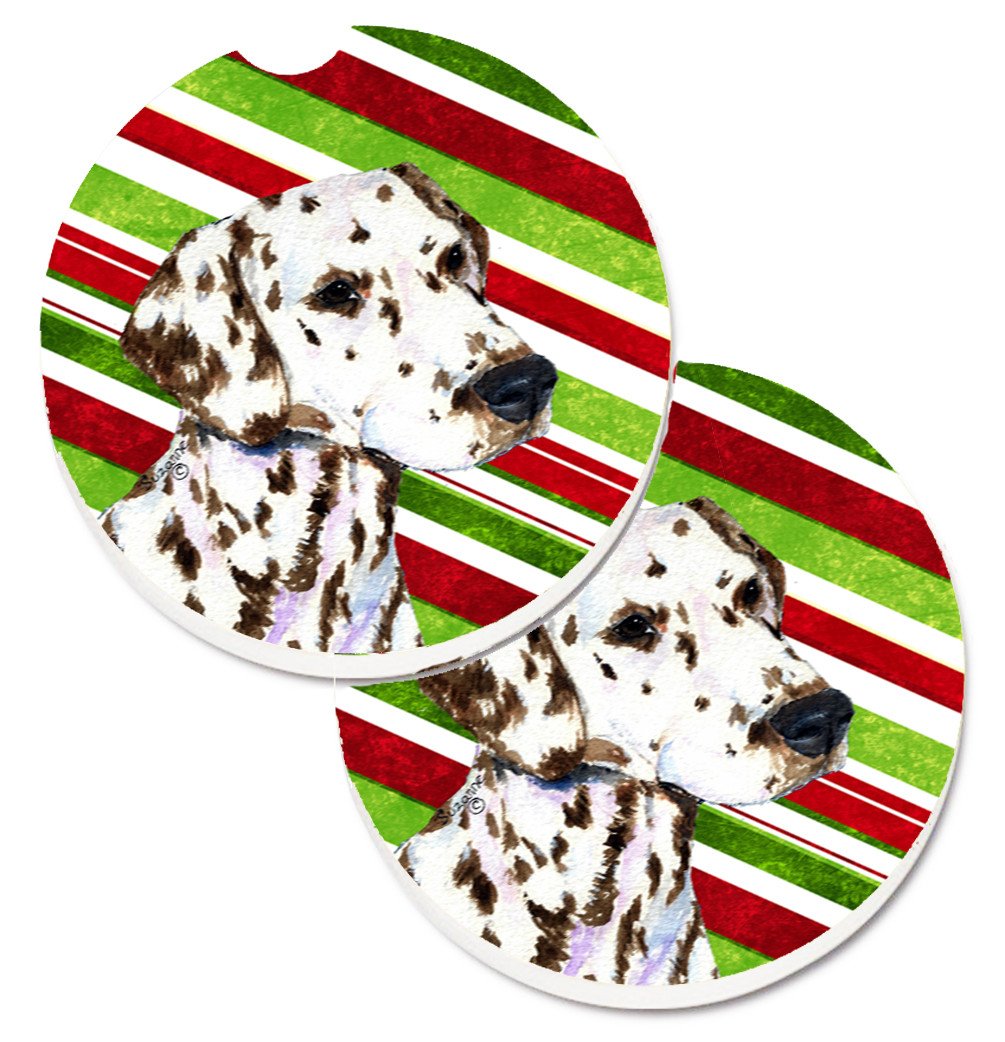 Dalmatian Candy Cane Holiday Christmas Car Coasters – Set of 2 - Absorbent Stone with Fun & Functional Artwork SS4538CARC