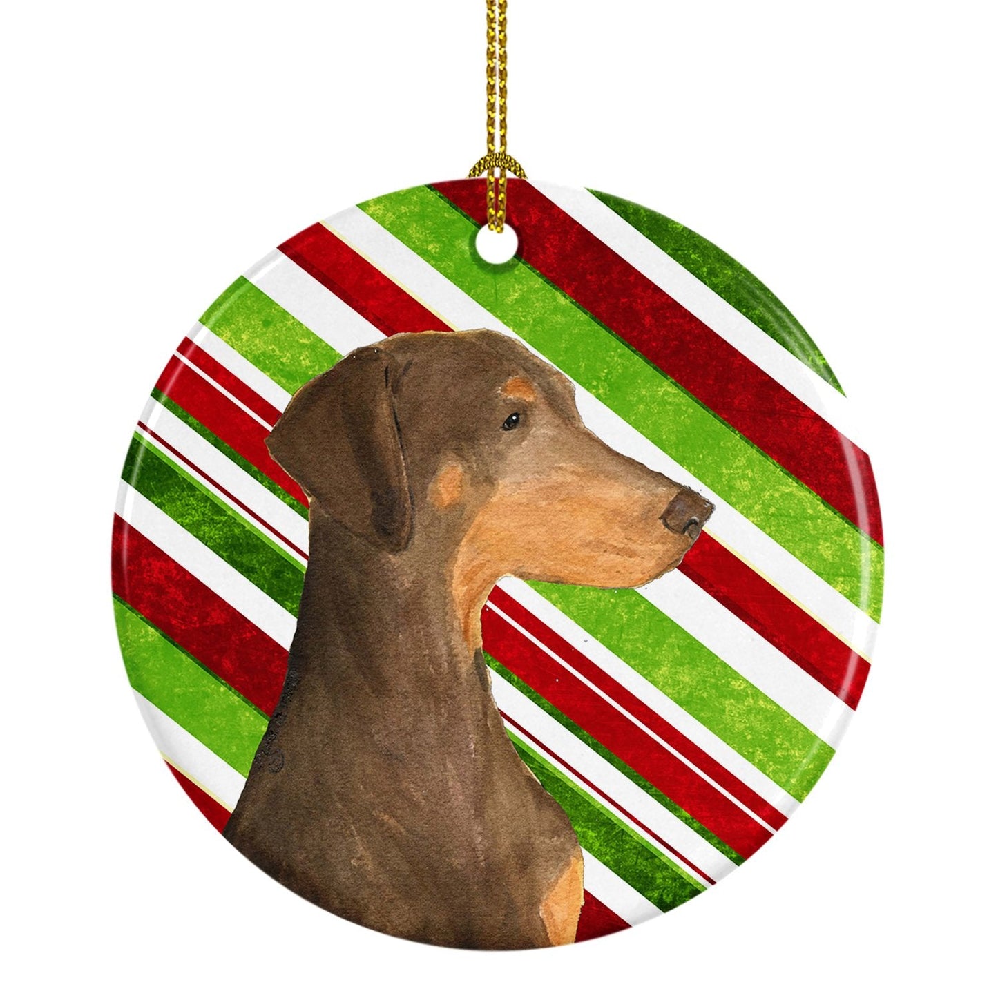 Doberman Candy Cane Holiday Christmas Ornament - Round Ceramic Ornament – Artist-Designed Keepsake Decoration SS4548