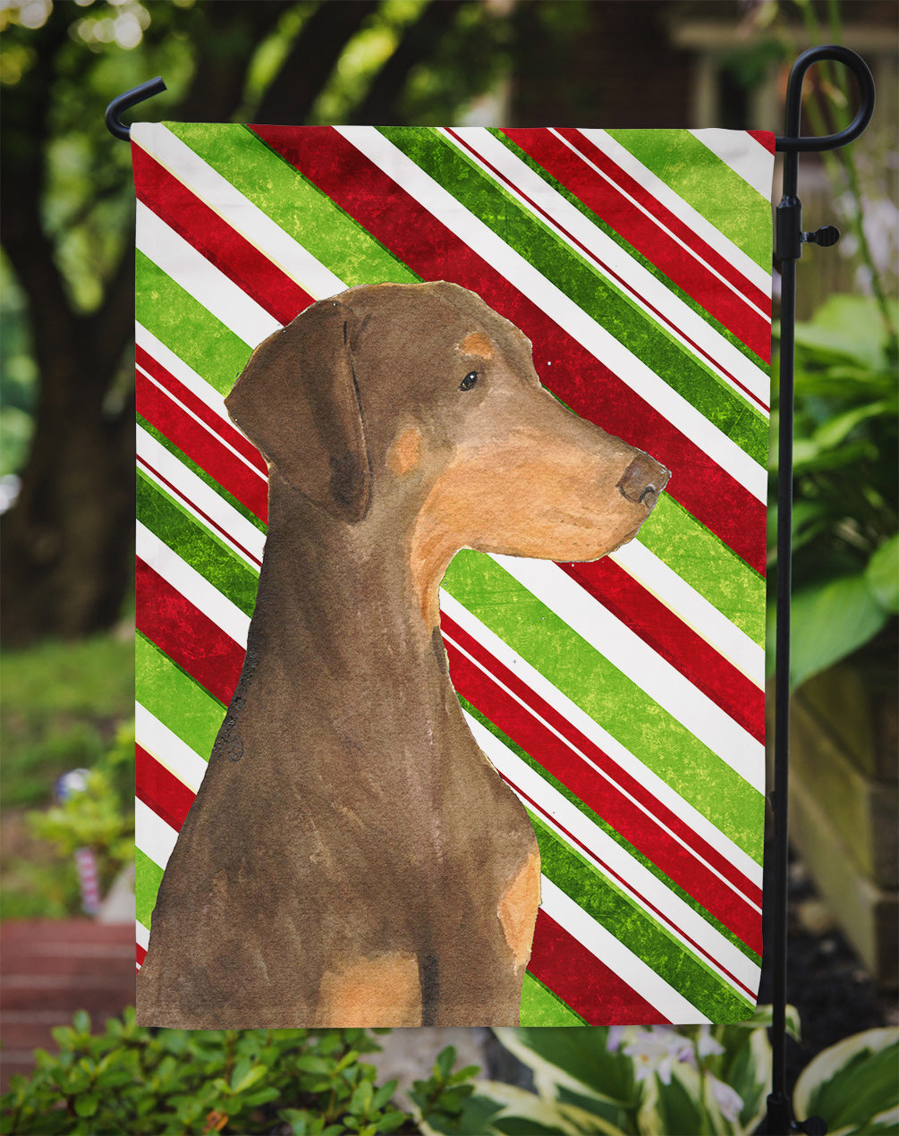 Doberman Candy Cane Holiday Christmas Garden Flag – Decorative Outdoor Yard Flag