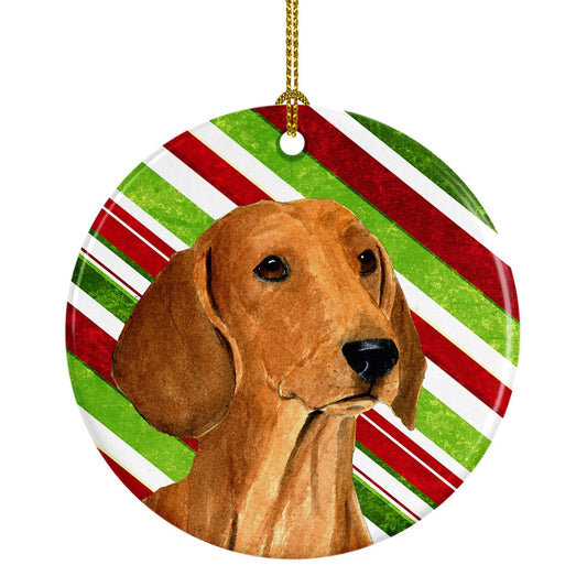 Dachshund Candy Cane Holiday Christmas Ornament - Round Ceramic Ornament – Artist-Designed Keepsake Decoration SS4556