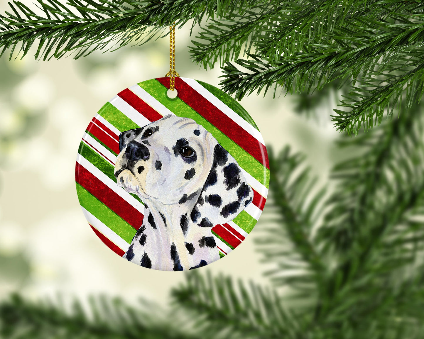 Dalmatian Candy Cane Holiday Christmas Ornament - Round Ceramic Ornament – Artist-Designed Keepsake Decoration SS4561