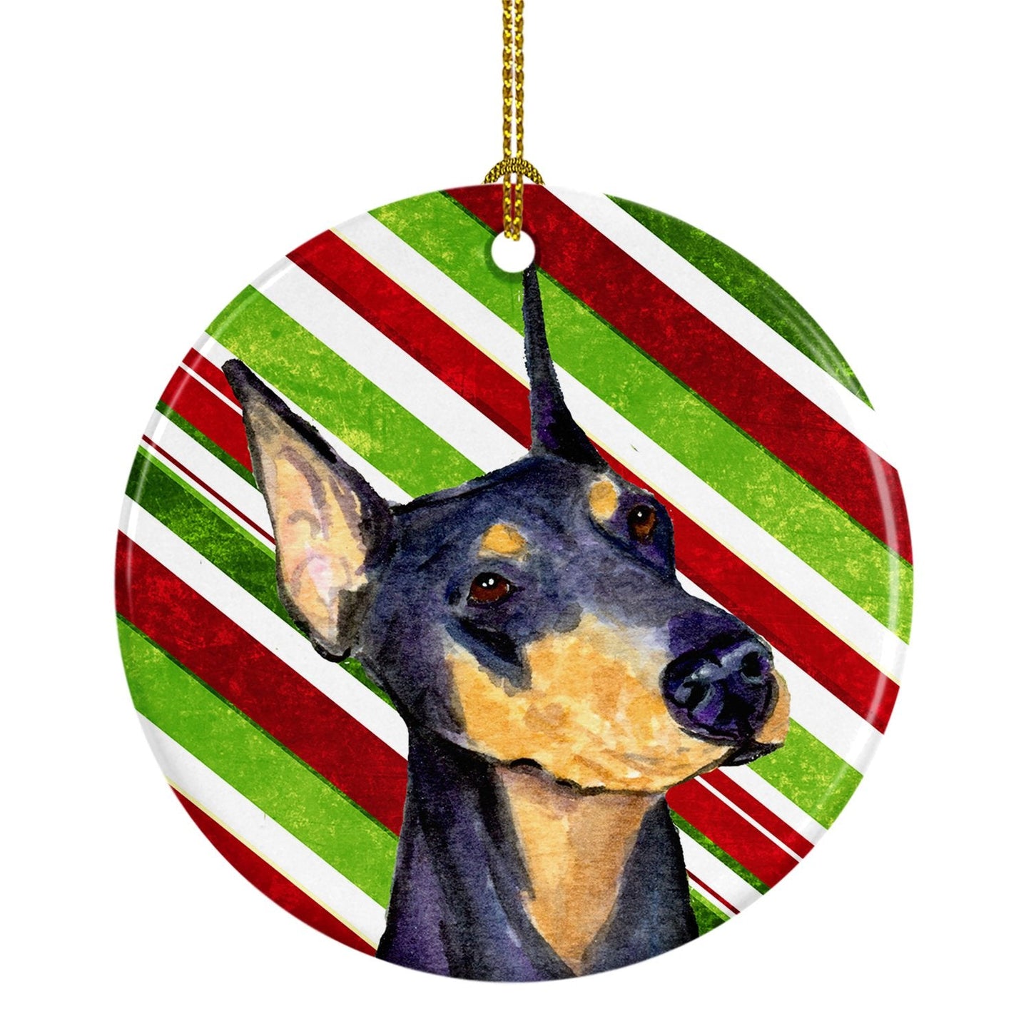 Doberman Candy Cane Holiday Christmas Ornament - Round Ceramic Ornament – Artist-Designed Keepsake Decoration SS4564