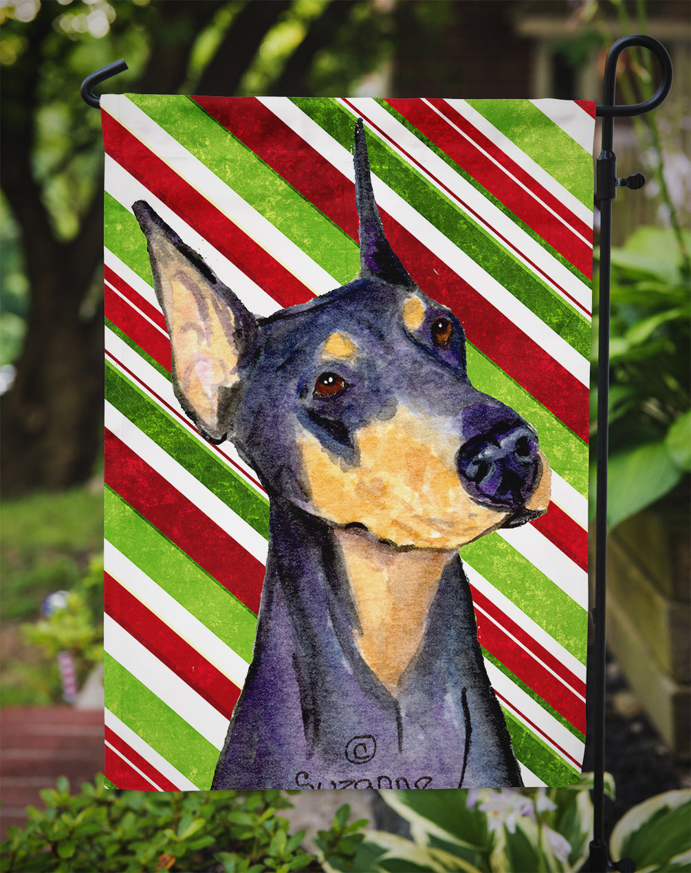 Doberman Candy Cane Holiday Christmas Garden Flag – Decorative Outdoor Yard Flag