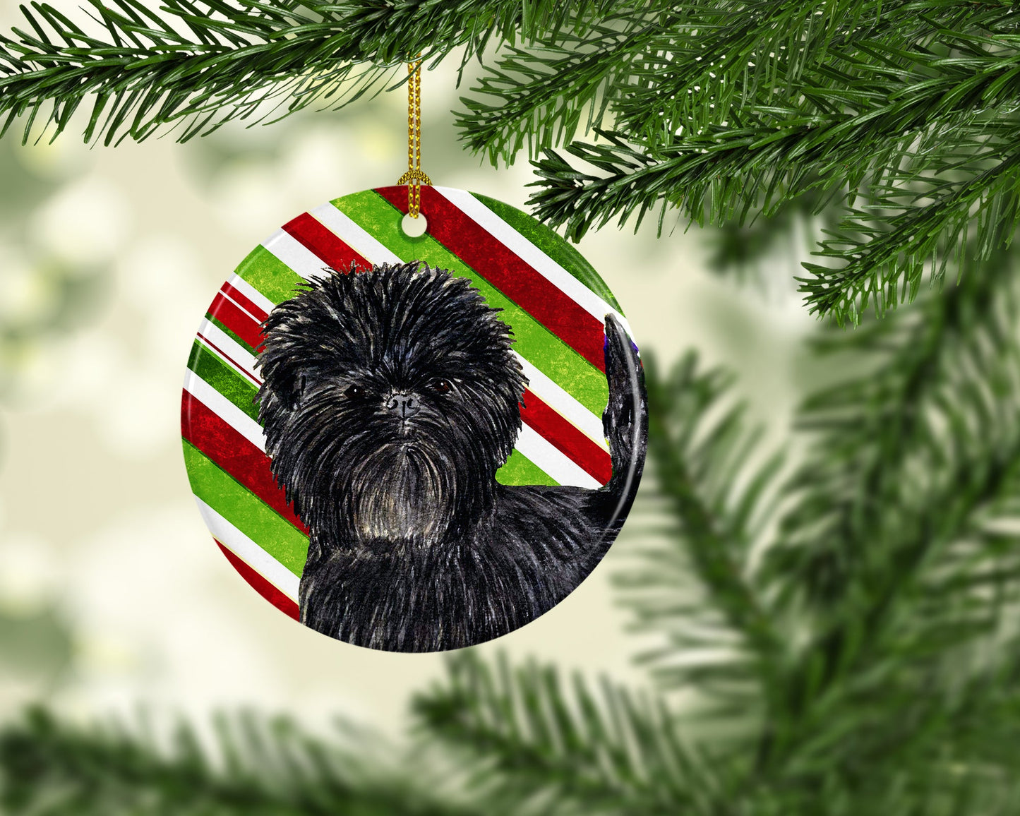 Affenpinscher Candy Cane Holiday Christmas Ornament - Round Ceramic Ornament – Artist-Designed Keepsake Decoration SS4580