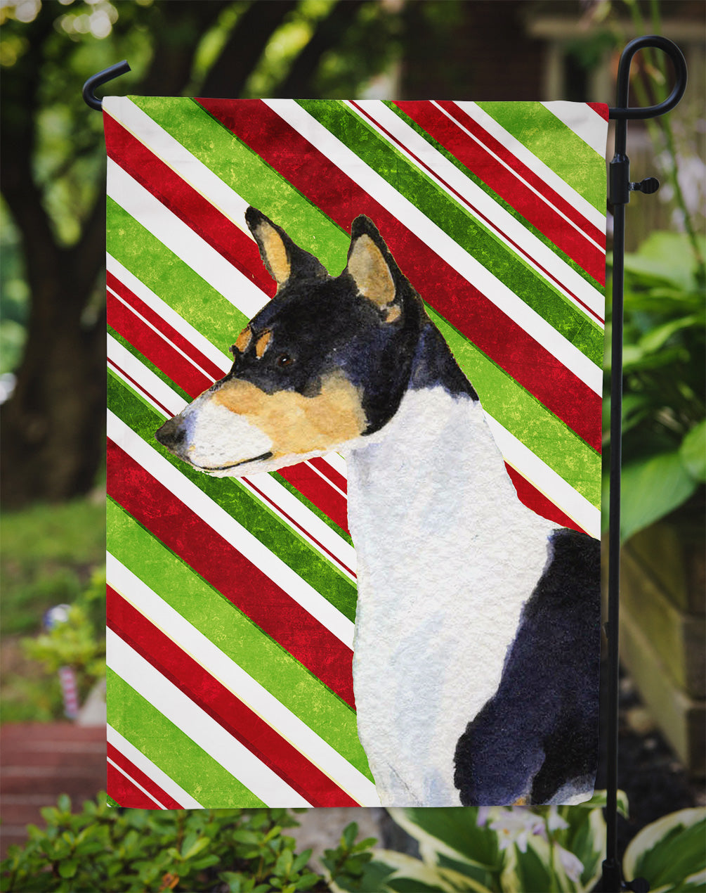 Basenji Candy Cane Holiday Christmas Garden Flag – Decorative Outdoor Yard Flag