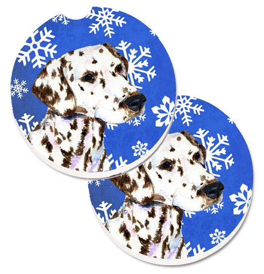 Dalmatian Winter Snowflakes Holiday Car Coasters – Set of 2 - Absorbent Stone with Fun & Functional Artwork SS4607CARC
