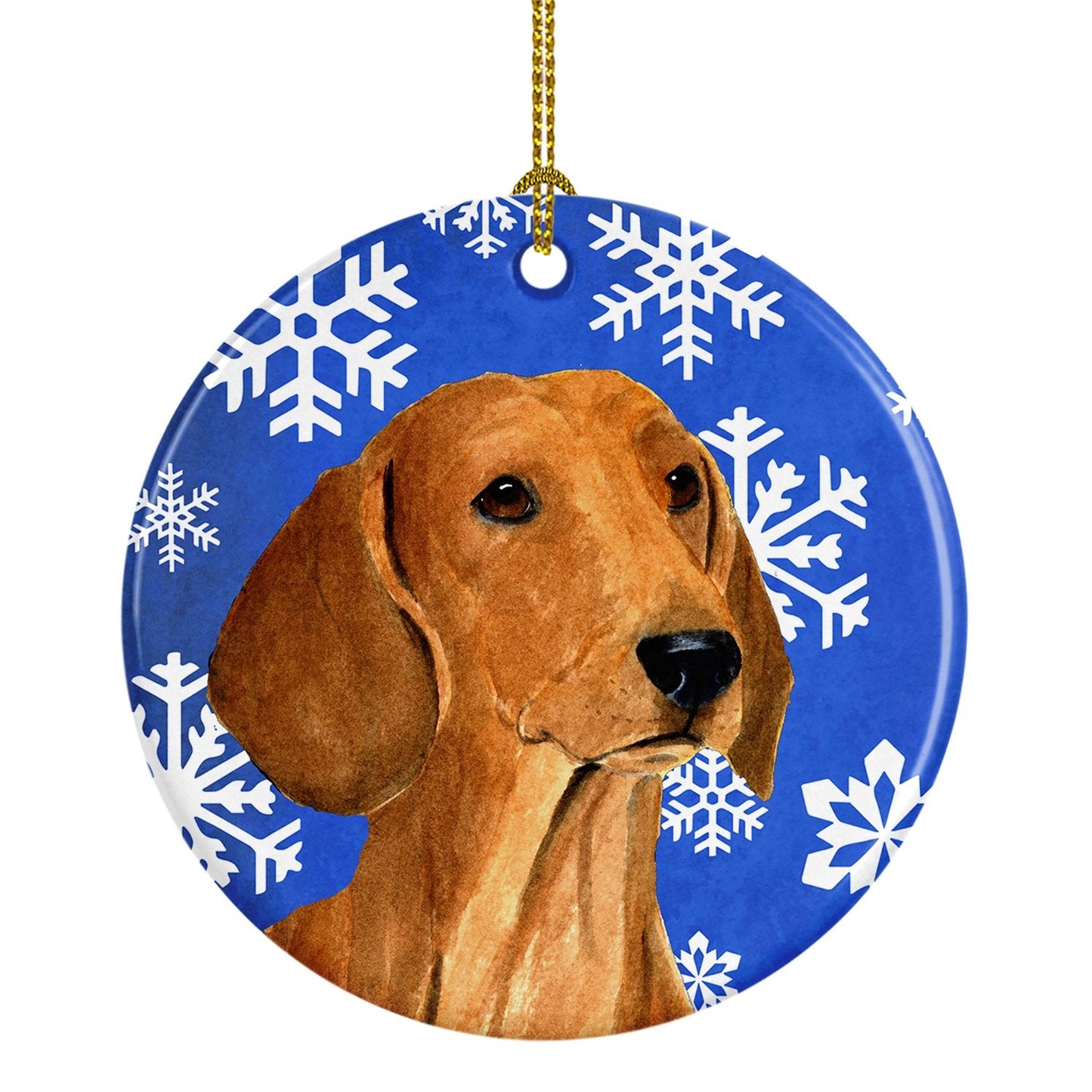 Dachshund Winter Snowflakes Holiday Christmas Ornament - Round Ceramic Ornament – Artist-Designed Keepsake Decoration SS4625