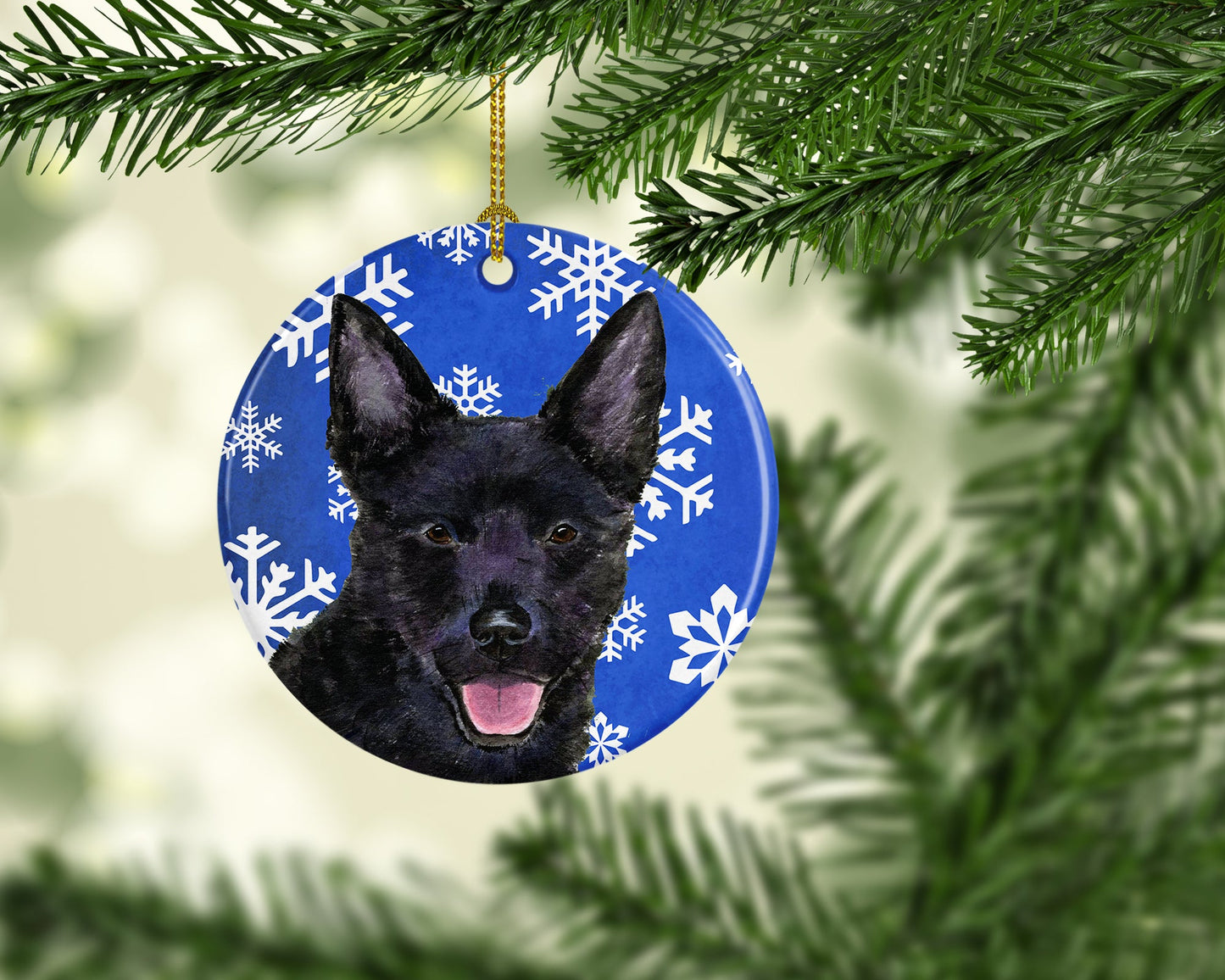 Australian Kelpie Winter Snowflakes Holiday Christmas Ornament - Round Ceramic Ornament – Artist-Designed Keepsake Decoration SS4636