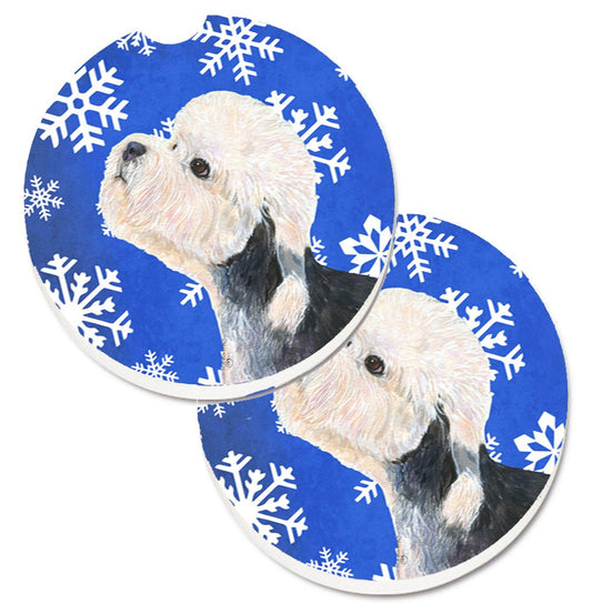 Dandie Dinmont Terrier Winter Snowflakes Holiday Car Coasters – Set of 2 - Absorbent Stone with Fun & Functional Artwork SS4641CARC