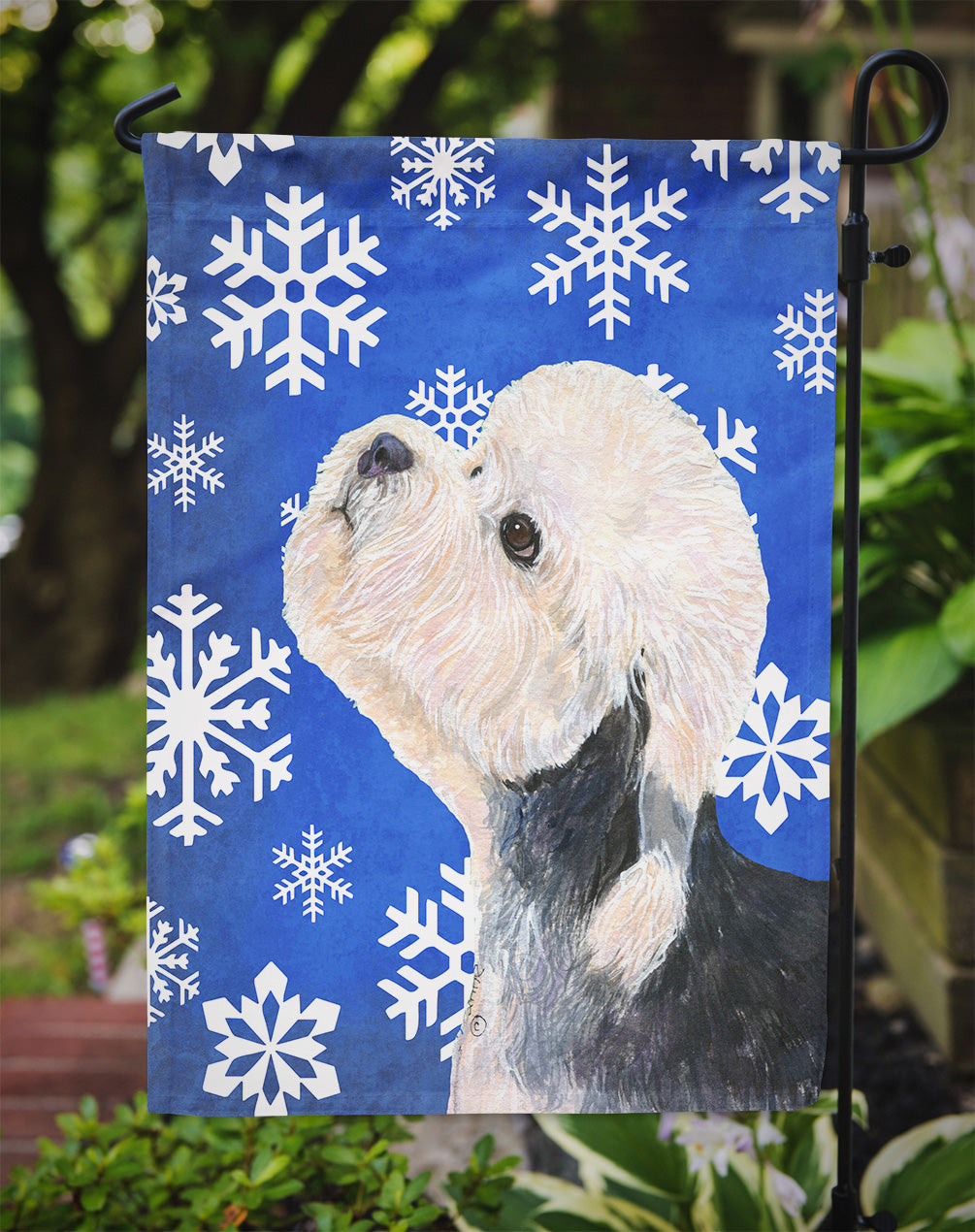 Dandie Dinmont Terrier Winter Snowflakes Holiday Garden Flag – Decorative Outdoor Yard Flag