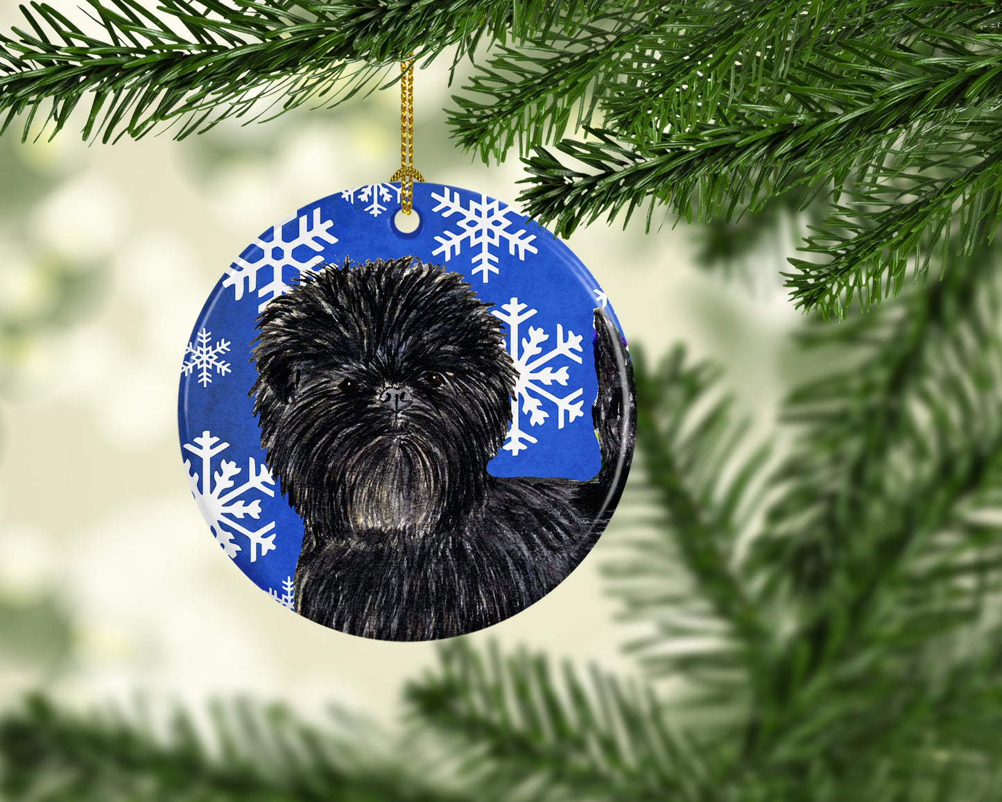 Affenpinscher Winter Snowflakes Holiday Christmas Ornament - Round Ceramic Ornament – Artist-Designed Keepsake Decoration SS4649