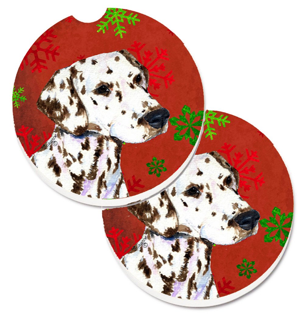 Dalmatian Red and Green Snowflakes Holiday Christmas Car Coasters – Set of 2 - Absorbent Stone with Fun & Functional Artwork SS4676CARC