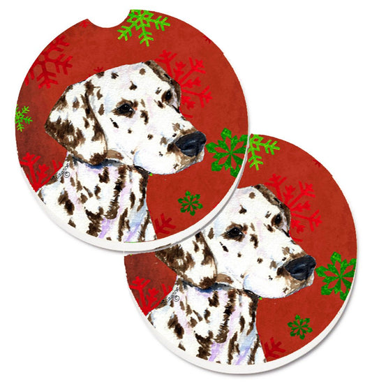 Dalmatian Red and Green Snowflakes Holiday Christmas Car Coasters – Set of 2 - Absorbent Stone with Fun & Functional Artwork SS4676CARC