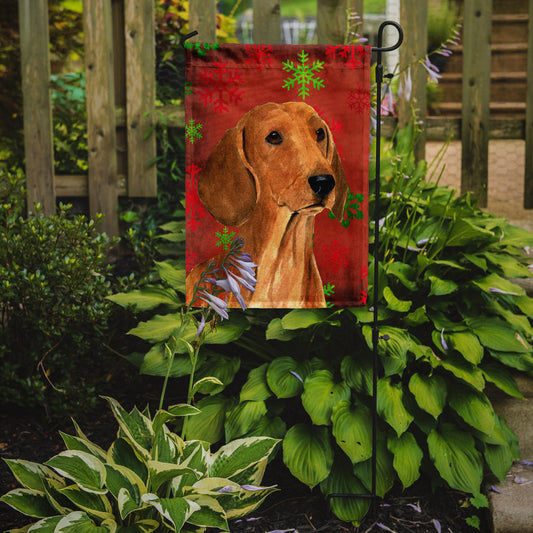 Dachshund Red and Green Snowflakes Holiday Christmas Garden Flag – Decorative Outdoor Yard Flag