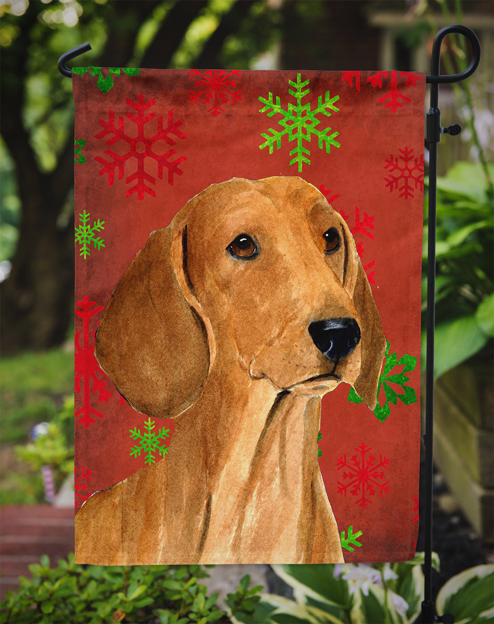 Dachshund Red and Green Snowflakes Holiday Christmas Garden Flag – Decorative Outdoor Yard Flag