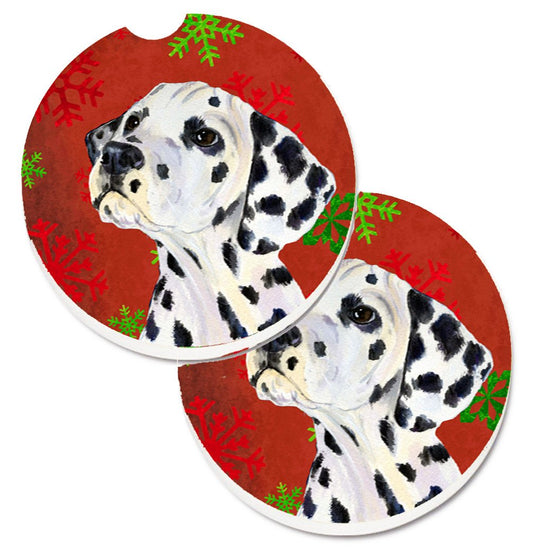 Dalmatian Red and Green Snowflakes Holiday Christmas Car Coasters – Set of 2 - Absorbent Stone with Fun & Functional Artwork SS4699CARC