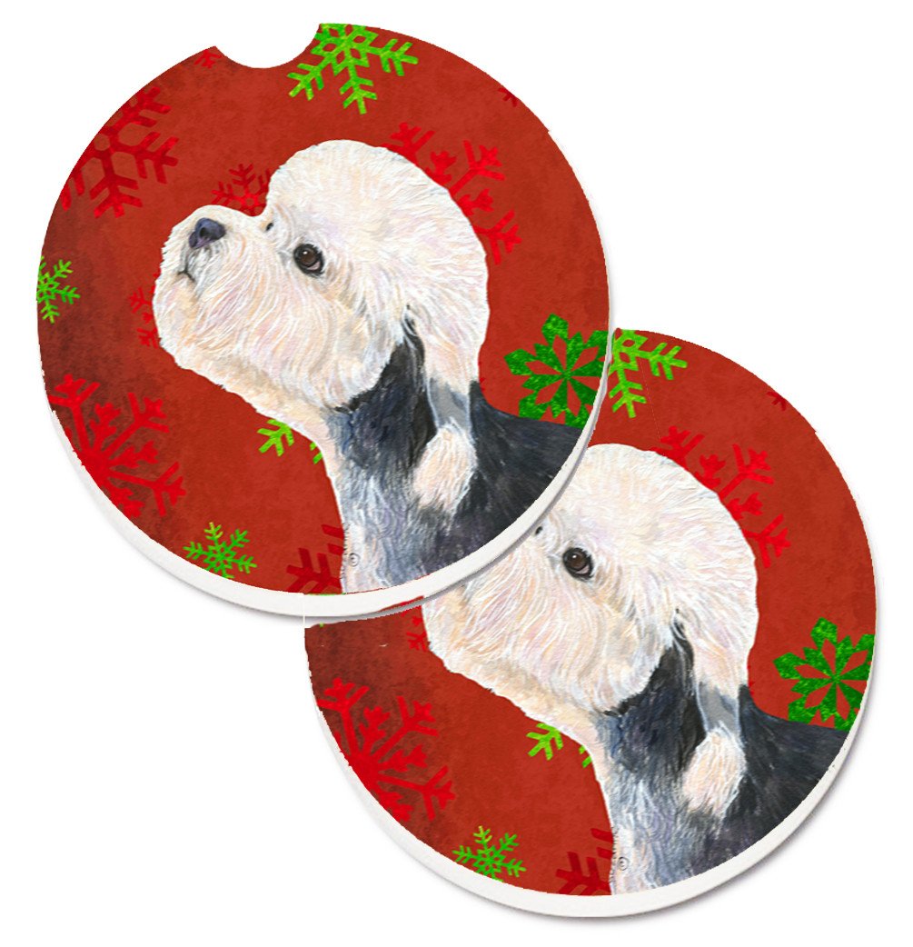 Dandie Dinmont Terrier Red Green Snowflakes Christmas Car Coasters – Set of 2 - Absorbent Stone with Fun & Functional Artwork SS4710CARC