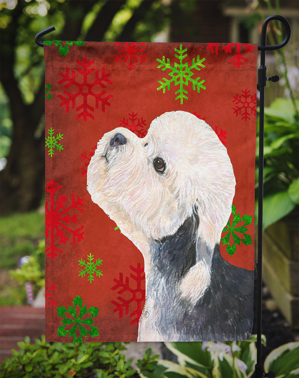 Dandie Dinmont Terrier Red Green Snowflakes Christmas Garden Flag – Decorative Outdoor Yard Flag