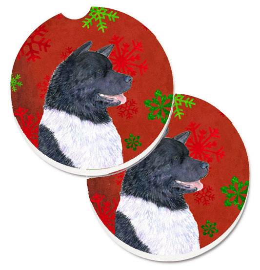Akita Red and Green Snowflakes Holiday Christmas Car Coasters – Set of 2 - Absorbent Stone with Fun & Functional Artwork SS4728CARC