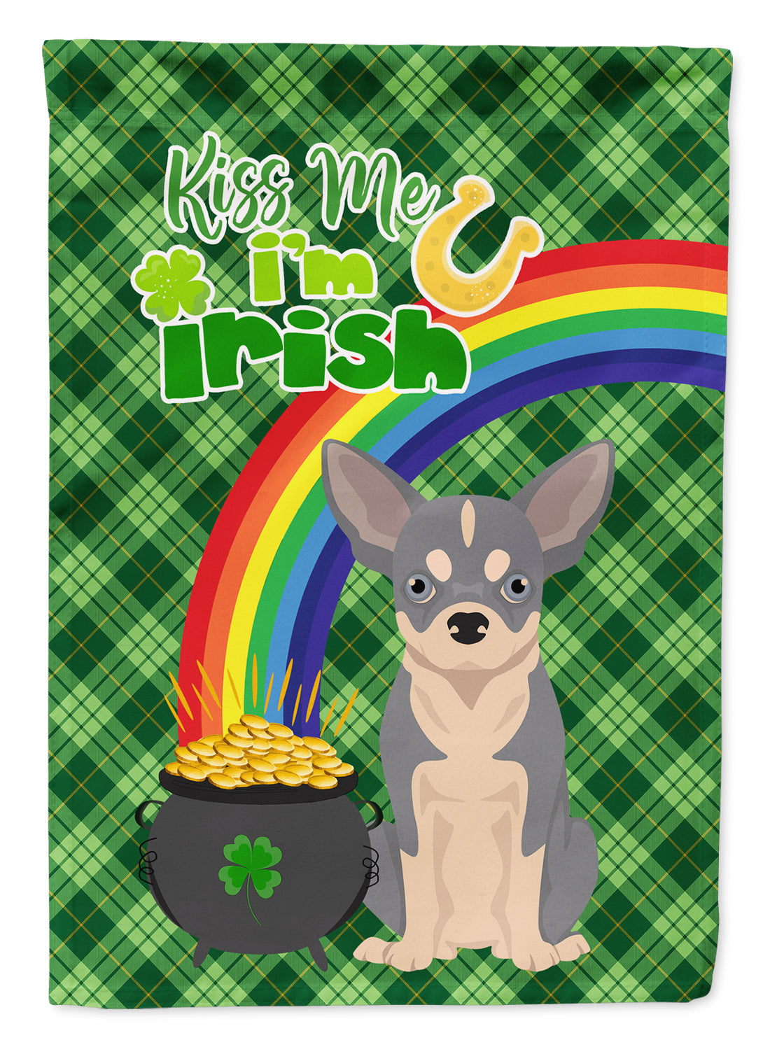 Blue and White Chihuahua St. Patrick's Garden Flag – "Kiss Me I’m Irish" with Pot of Gold & Rainbow