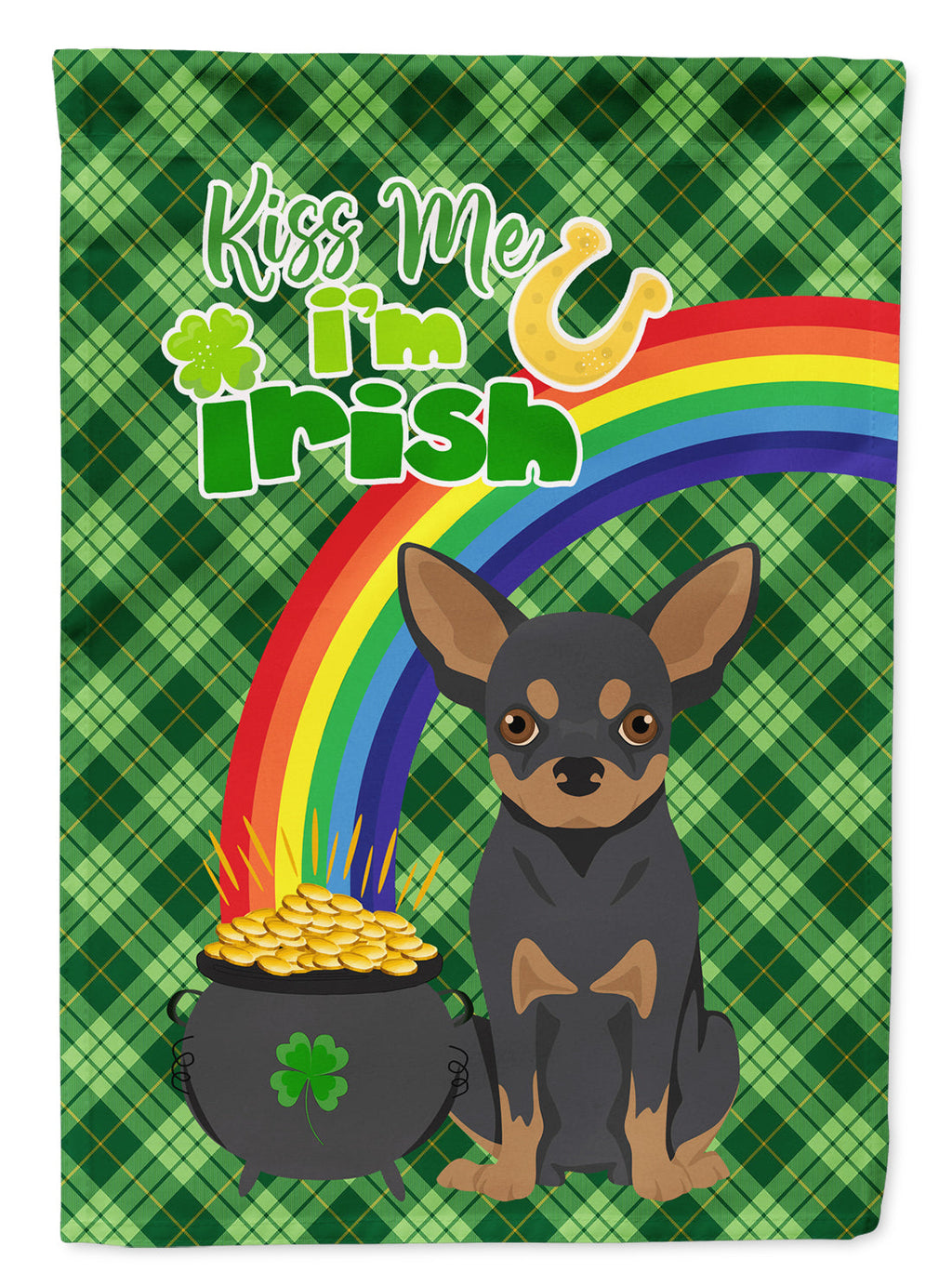 Black and Tan Chihuahua St. Patrick's Garden Flag – "Kiss Me I’m Irish" with Pot of Gold & Rainbow