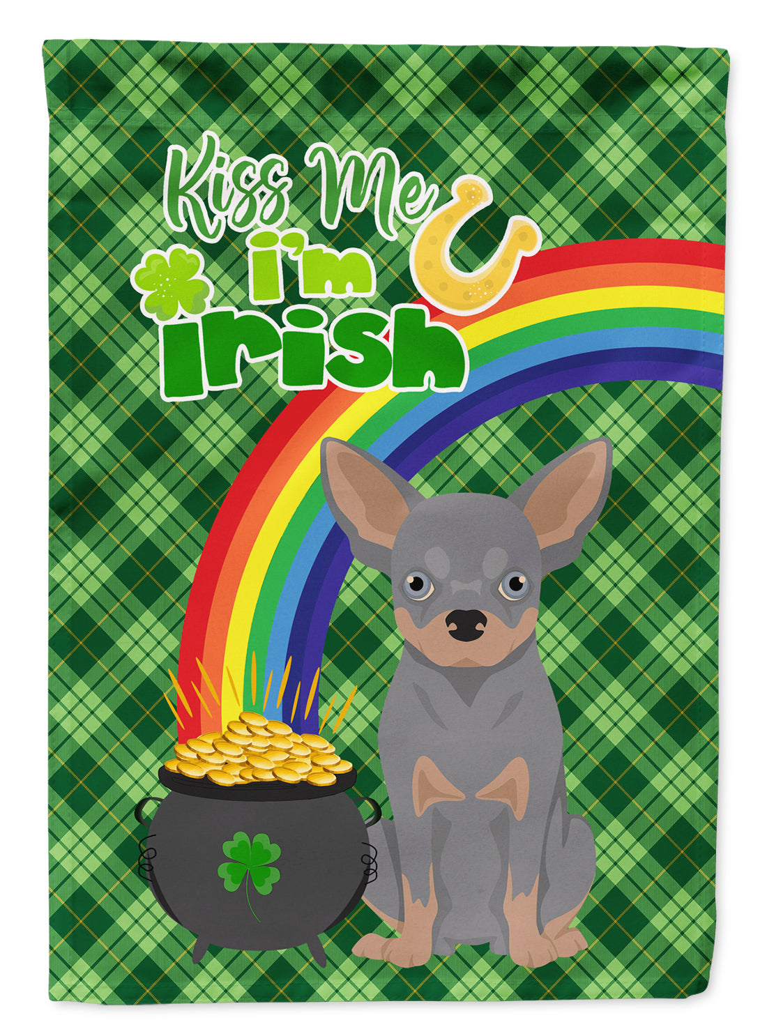 Blue and Tan Chihuahua St. Patrick's Garden Flag – "Kiss Me I’m Irish" with Pot of Gold & Rainbow