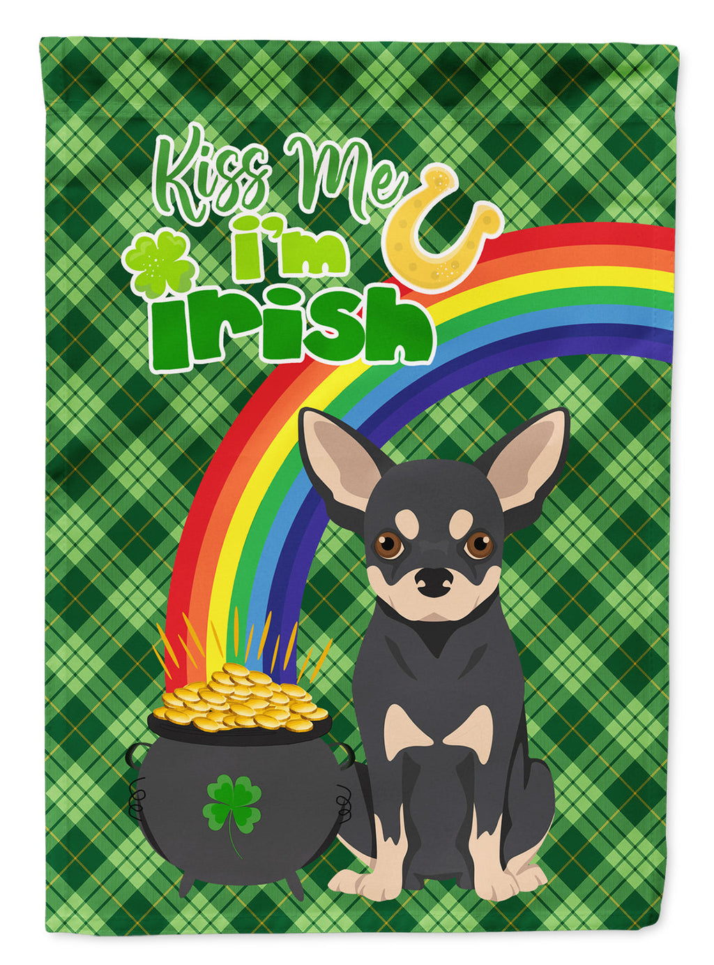 Black and Cream Chihuahua St. Patrick's Garden Flag – "Kiss Me I’m Irish" with Pot of Gold & Rainbow