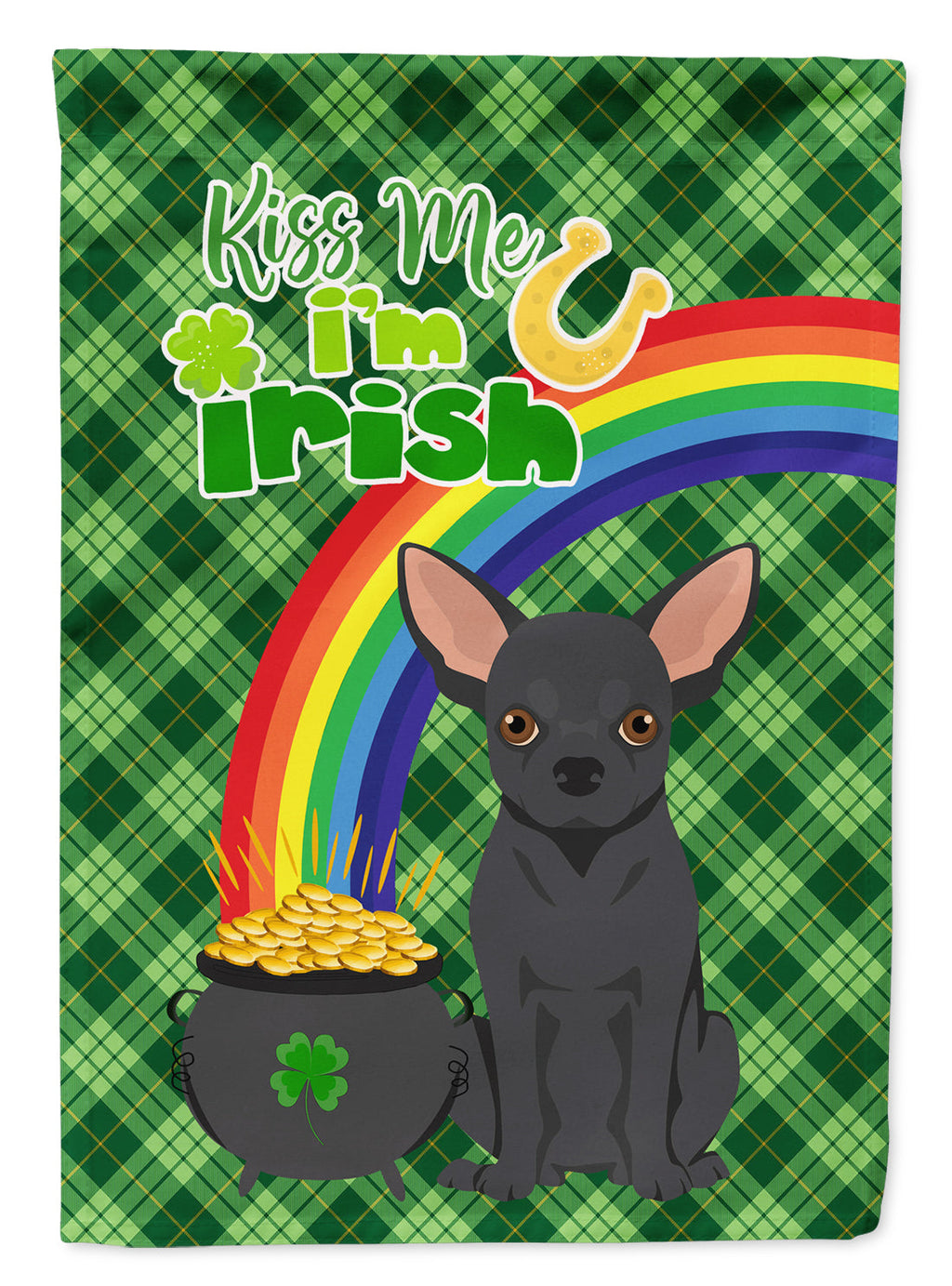 Black Chihuahua St. Patrick's Garden Flag – "Kiss Me I’m Irish" with Pot of Gold & Rainbow
