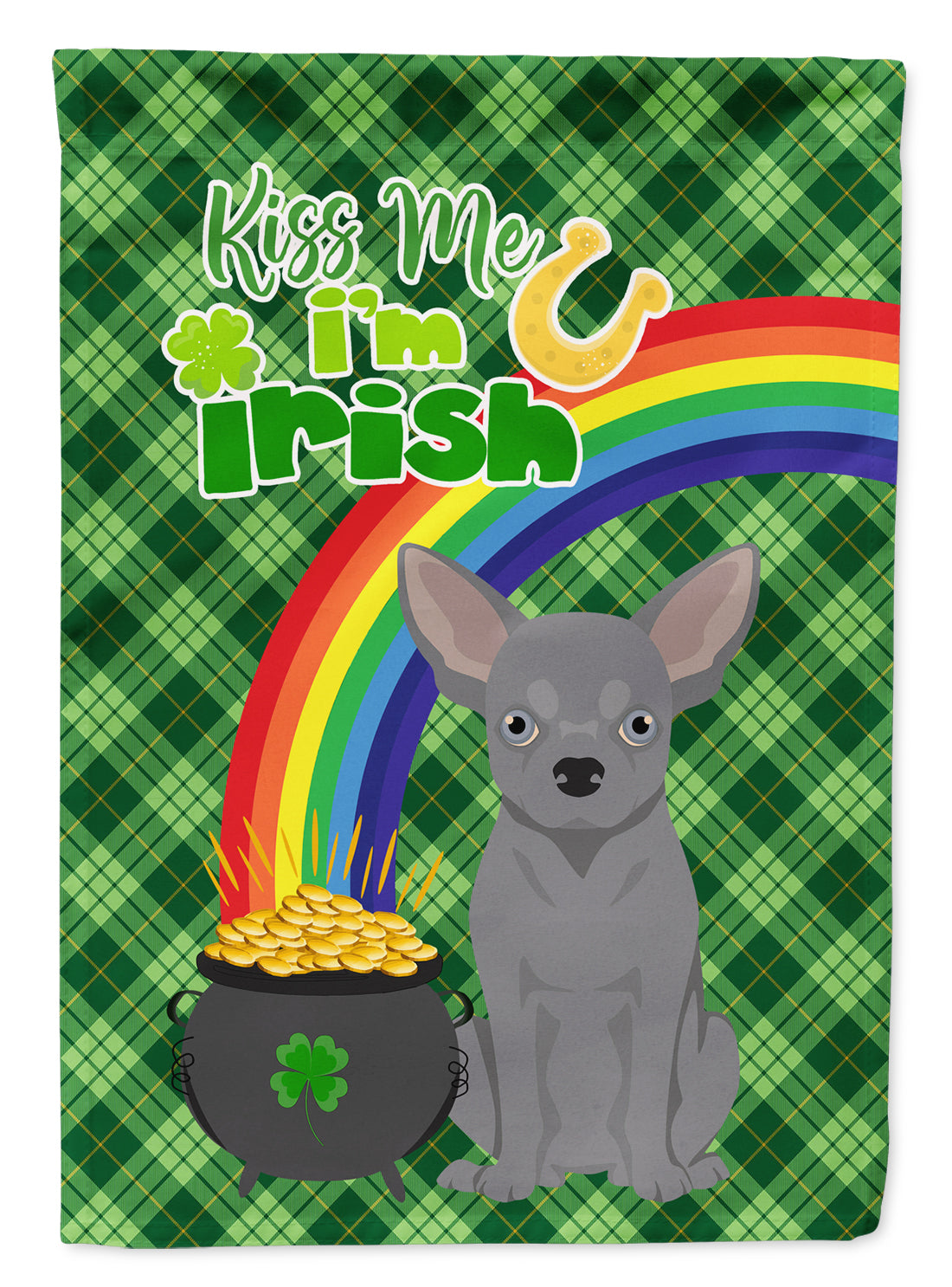 Blue Chihuahua St. Patrick's Garden Flag – "Kiss Me I’m Irish" with Pot of Gold & Rainbow