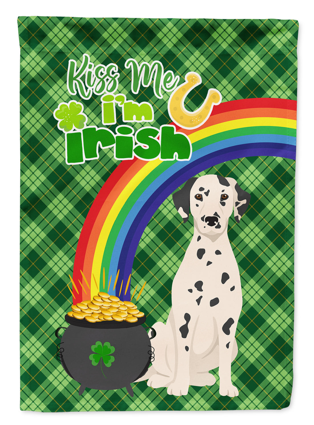 Dalmatian St. Patrick's Garden Flag – "Kiss Me I’m Irish" with Pot of Gold & Rainbow